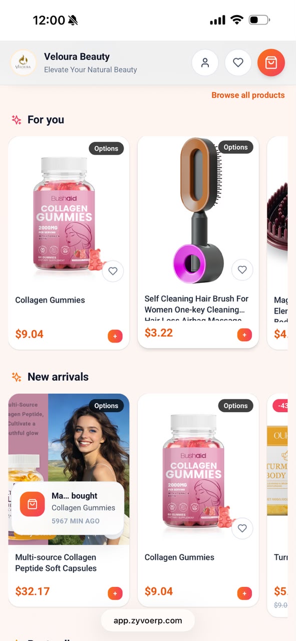 ZYVO mobile app — virtual store home page on smartphone for e-commerce shopping